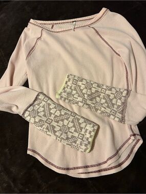 Free People Pink Scoop Neck Sweater with Patterned Cuffs